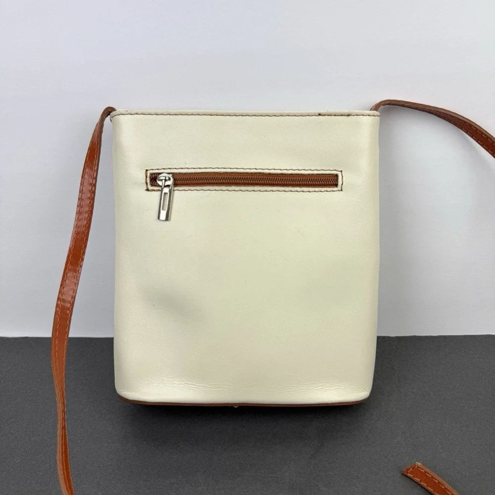 Vera Pelle Crossbody Bag Small Cognac Brown Ivory Leather Italian Made Used Once